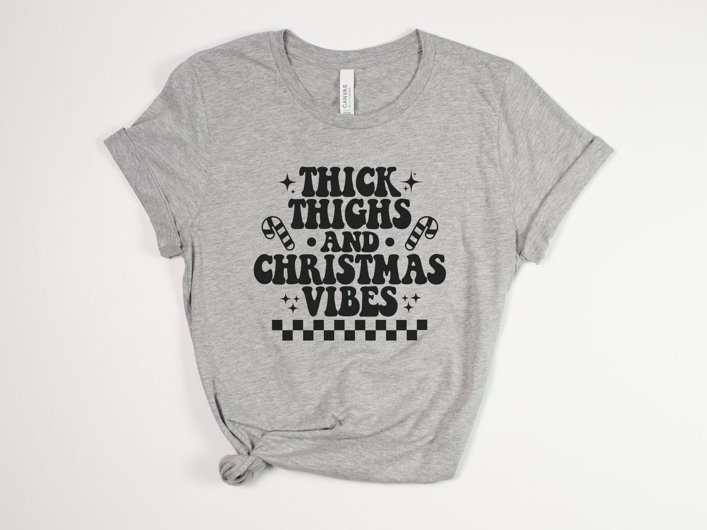 Funny Christmas T-Shirt - "Thick Thighs and Christmas Vibes" Retro Holiday Tee