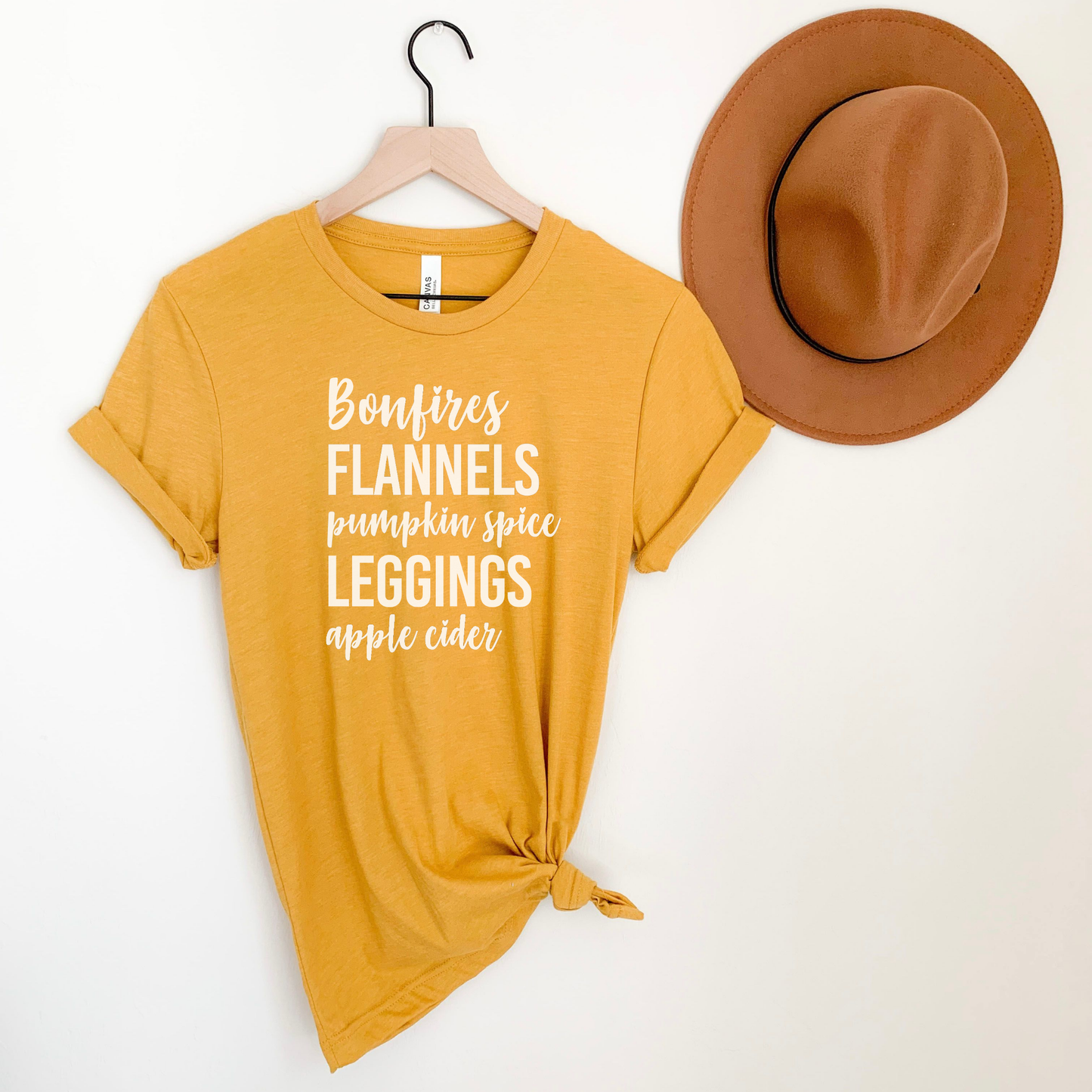 Fall Favorites Tee – Bonfires Flannels Pumpkin Spice Shirt – Unisex Cozy Text Tee