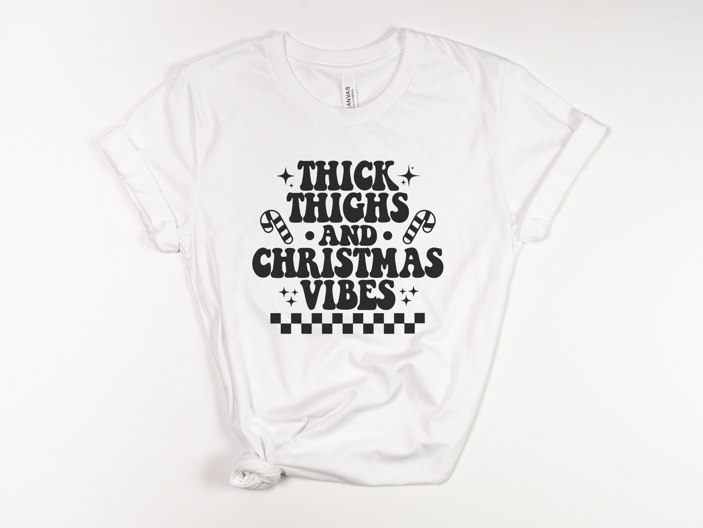 Funny Christmas T-Shirt - "Thick Thighs and Christmas Vibes" Retro Holiday Tee