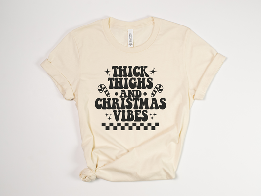 Funny Christmas T-Shirt - "Thick Thighs and Christmas Vibes" Retro Holiday Tee