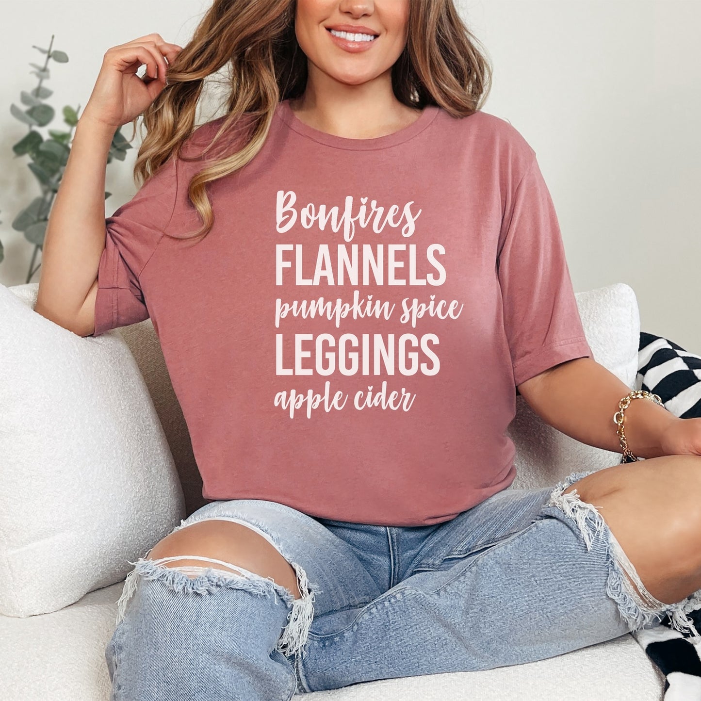 Fall Favorites Tee – Bonfires Flannels Pumpkin Spice Shirt – Unisex Cozy Text Tee