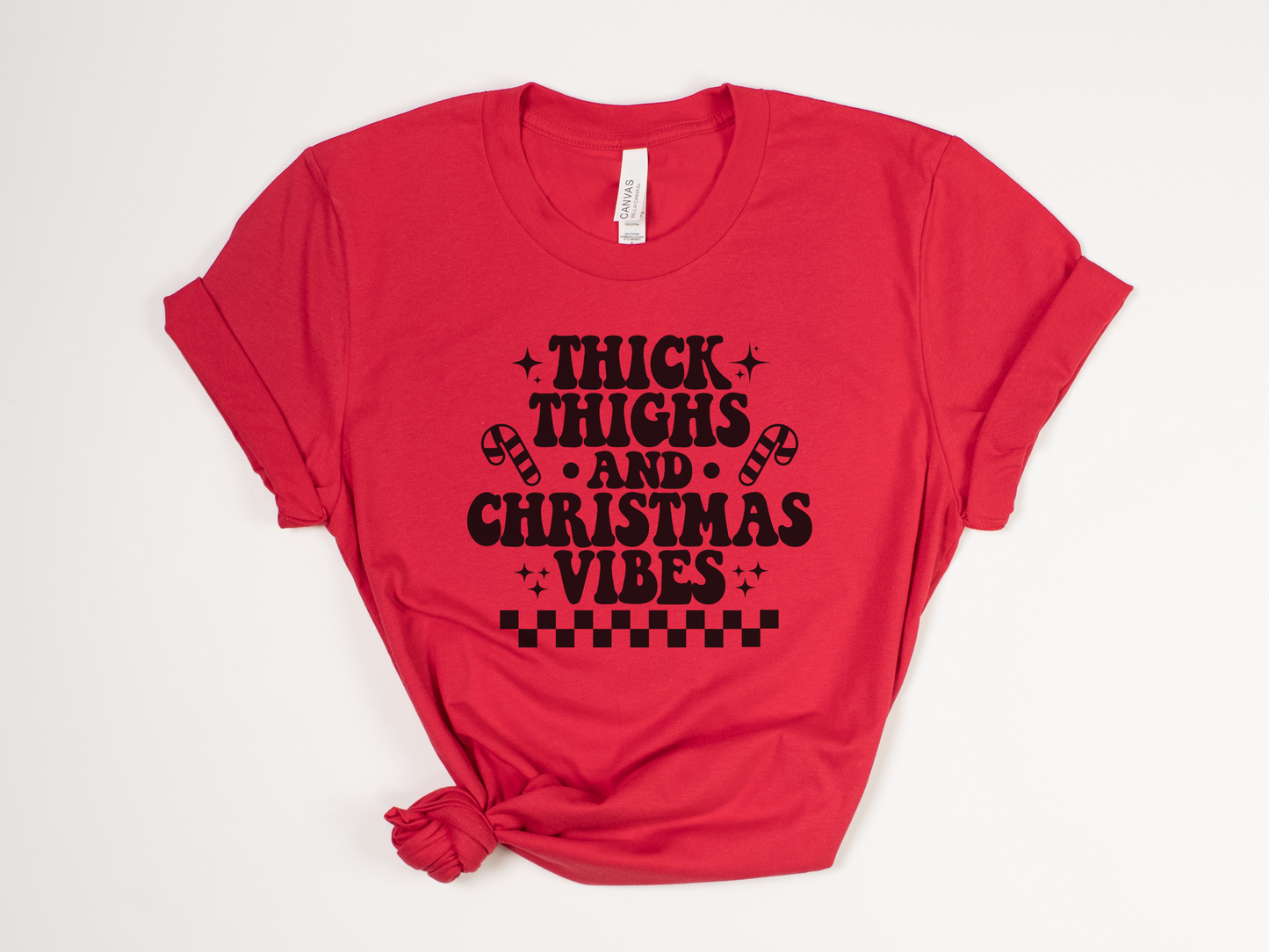 Funny Christmas T-Shirt - "Thick Thighs and Christmas Vibes" Retro Holiday Tee