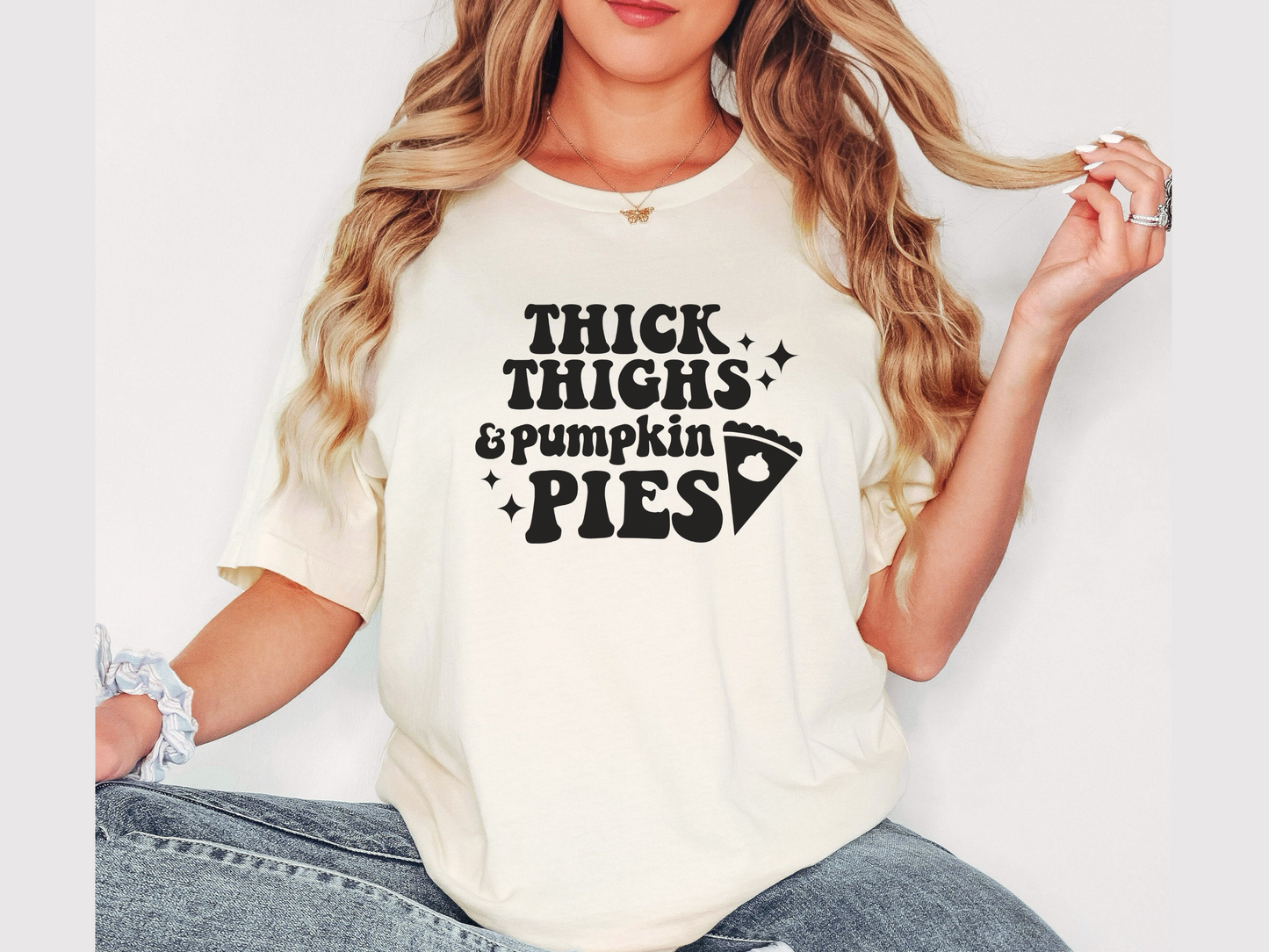 Funny Thanksgiving T-Shirt - "Thick Thighs & Pumpkin Pies" - Retro Thanksgiving Tee