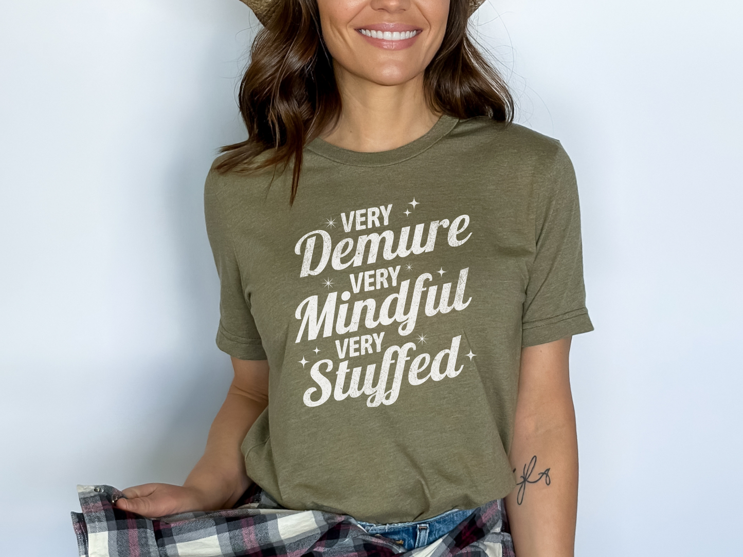 Funny Thanksgiving T-Shirt - "Very Demure, Very Mindful, Very Stuffed" - Retro Thanksgiving Tee