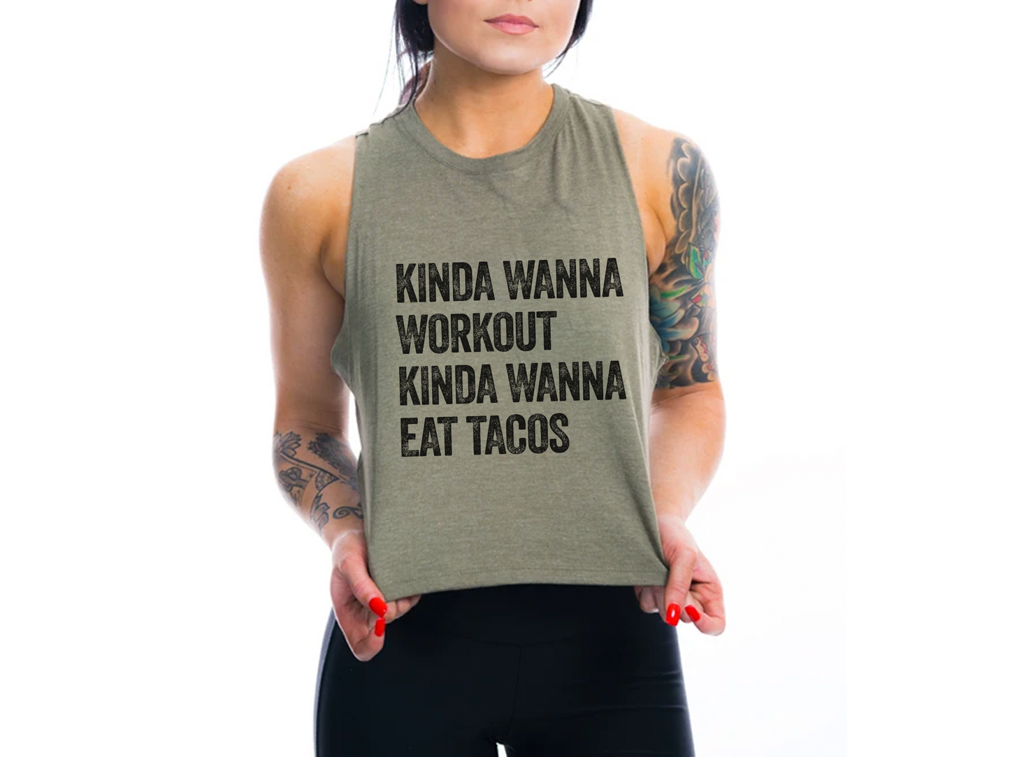 Kinda Wanna Workout Kinda Wanna Eat Tacos Workout Crop Tank Top – Funny Gym Shirt for Women